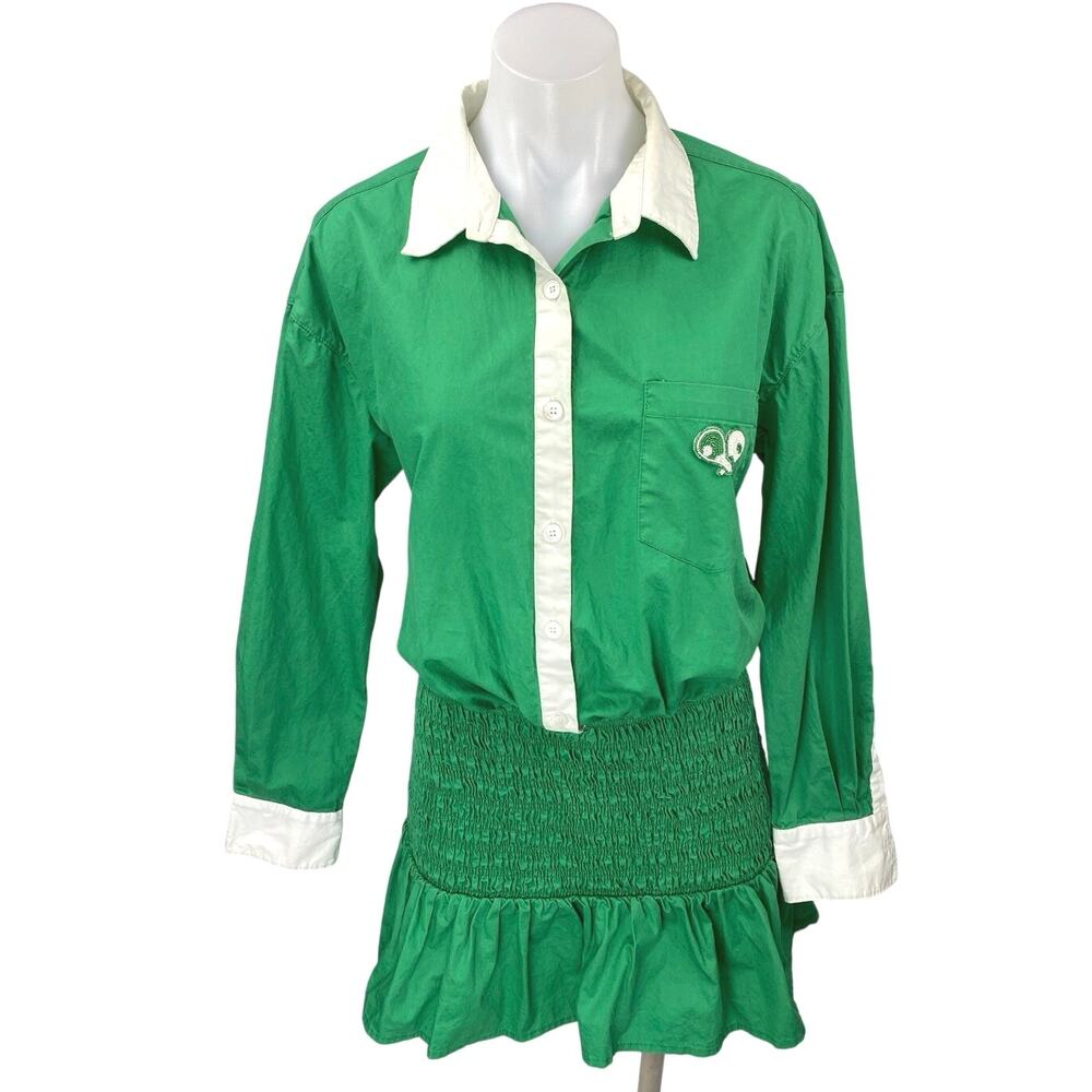 Ser.O.Ya Lexi Green Button Up Long sleeve Smocked Mini Blouson Shirt Dress Sz L